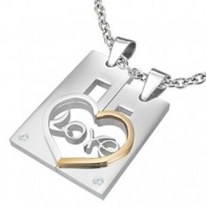 Šperky eshop - Dvojprívesok z ocele pre zamilovaných LOVE - obdĺžnik a srdce AB31.15
