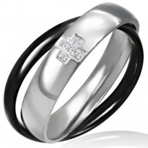 Šperky eshop - Dvojprsteň z ocele - čiernej a striebornej farby, krížik F7.11 - Veľkosť: 46 mm