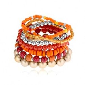 Šperky eshop - Elastický multináramok, korálky rôznych tvarov, červená, oranžová, zlatá farba O1.18