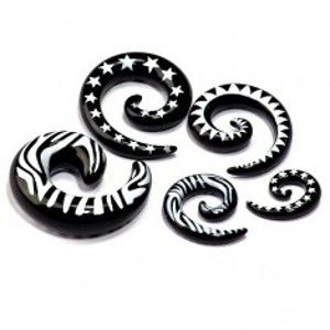Šperky eshop - Expander do ucha - tvar čierny slimáčik, biely vzor I7.4/15 - Hrúbka: 8 mm, Tvar hlavičky: Zebra