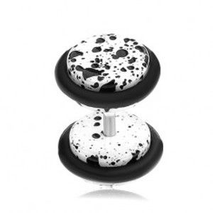 Šperky eshop - Fake plug do ucha z akrylu, biely povrch pofŕkaný čiernou farbou, gumičky PC05.36