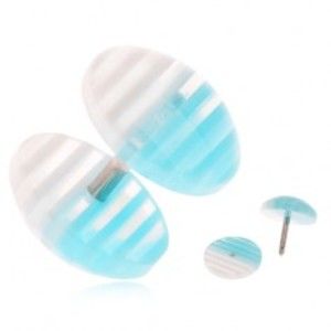 Šperky eshop - Fake plug do ucha z akrylu, priehľadné kolieska, biele a modré prúžky I16.02