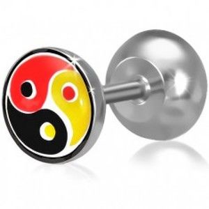 Šperky eshop - Fake plug do ucha z ocele, farebný Yin-Yang motív O1.4