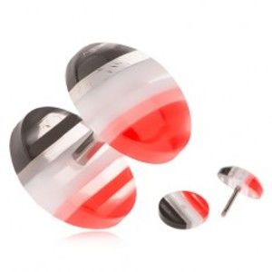 Šperky eshop - Fake plug z akrylu, vypuklé kolieska, červené, biele a čierne pruhy S55.25