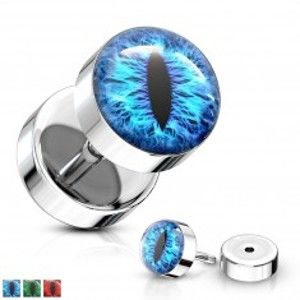 Šperky eshop - Fake plug z chirurgickej ocele striebornej farby s motívom hadieho oka W17.36/38 - Farba piercing: Modrá
