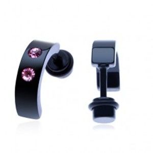 Šperky eshop - Fake plug z ocele - čierna prerušená obruč, dva ružové zirkóny PC33.01