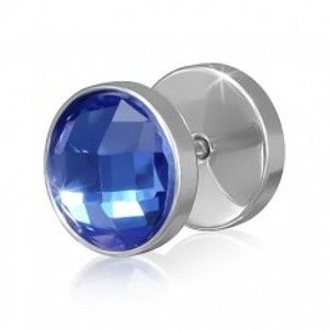 Šperky eshop - Fake plug z ocele striebornej farby - modrý okrúhly brúsený zirkón O1.5