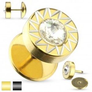 Šperky eshop - Falošný oceľový plug do ucha - slnko s čírym trblietavým zirkónom v strede AB31.02 - Farba piercing: Zlatá