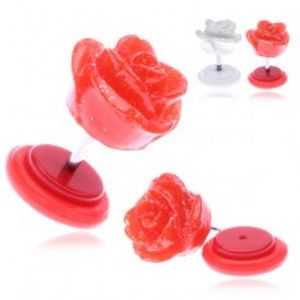 Šperky eshop - Falošný piercing do ucha z akrylu s trblietavou ružičkou PC35.25/26 - Farba piercing: Červená