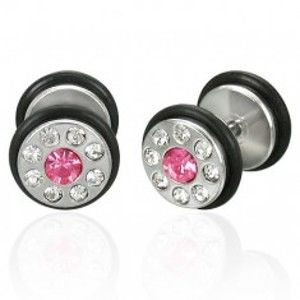 Šperky eshop - Falošný piercing s ružovým zirkónom a gumičkami - pár E14.19