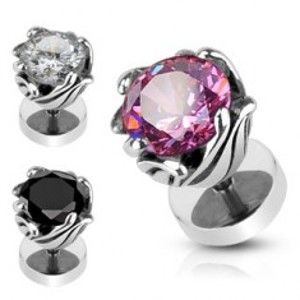 Šperky eshop - Falošný piercing z ocele - obruč z lístkov, zirkón F12.7 - Farba zirkónu: Ružová - P