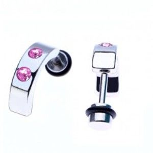 Šperky eshop - Falošný plug z ocele - lesklý ohnutý pás a dva ružové zirkóny PC31.23
