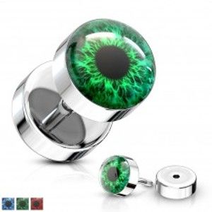 Šperky eshop - Falošný plug z ocele 316L - farebné oko s čiernou zrenicou, číra glazúra W20.02/04 - Farba piercing: Zelená