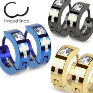 Šperky eshop - Farebné kruhové náušnice z ocele 316L, matný kríž a štvorcový zirkón U9.11 - Farba: Modrá
