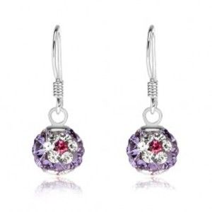 Šperky eshop - Fialové guličkové náušnice, striebro 925, číro-ružové kvety z kryštálov, 8 mm SP85.11