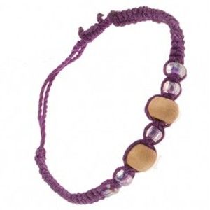 Šperky eshop - Fialový náramok zo šnúrok, drevené béžové guľôčky, korálky S18.06