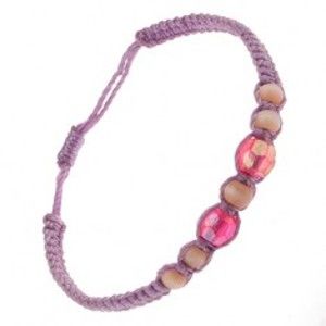 Šperky eshop - Fialový náramok zo šnúrok, sklenené korálky ružovej a svetlohnedej farby S17.18