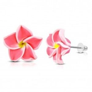 Šperky eshop - FIMO náušnice, kvet s neónovo ružovými lupeňmi a žltým stredom AA16.22