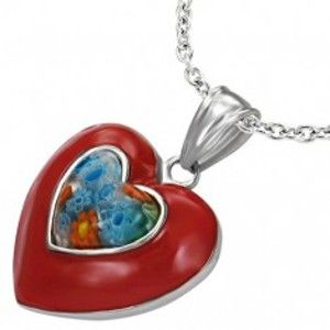 Šperky eshop - Glazúrovaný oceľový prívesok - červené srdce, kvet Millefiori A17.12