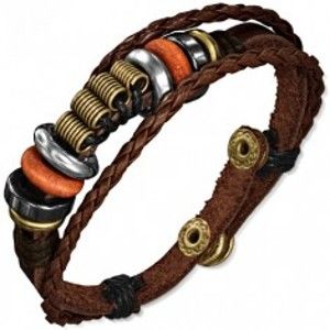 Šperky eshop - Hnedý kožený multi náramok - pás s korálkami a dve pletené šnúrky AA17.26