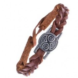 Šperky eshop - Hnedý kožený náramok s keltskými uzlami na lesklej známke Z14.14