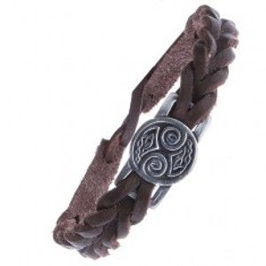 Šperky eshop - Hnedý kožený remienok na ruku - pletený, známka, keltské uzlíky Z16.6