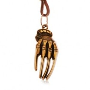 Šperky eshop - Hnedý náhrdelník z umelej kože, patinovaná ruka kostry mosadznej farby Y36.14