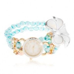 Šperky eshop - Hodinky s korálkovým modrým náramkom, ciferník so zirkónmi, biely kvet Z12.01
