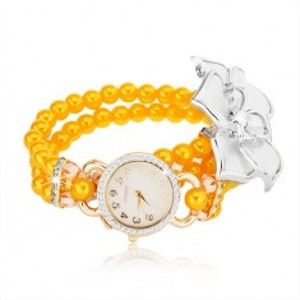 Šperky eshop - Hodinky so žltým korálkovým náramkom, biely kvet, ciferník so zirkónmi Z09.02