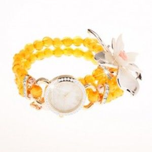 Šperky eshop - Hodinky z priehľadných žltých korálok, ciferník so zirkónmi, veľký kvet Z19.03