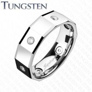 Šperky eshop - Hranatý volfrámový prsteň so štvorcami a zirkónmi K16.9 - Veľkosť: 65 mm