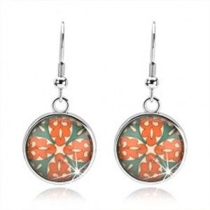Šperky eshop - Kabošon náušnice, kruh s glazúrou, kvet z oranžových a zelených ornamentov SP68.06