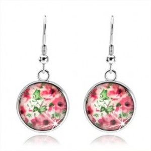 Šperky eshop - Kabošon náušnice, kruh s vypuklou glazúrou, ružové kvety, lístky, biely podklad SP68.16