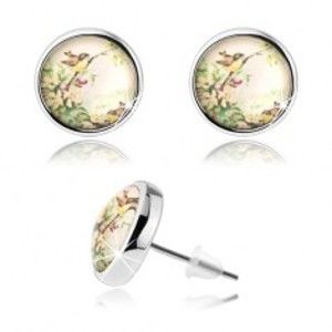 Šperky eshop - Kabošon náušnice s čírou vypuklou glazúrou, dva malé vtáčiky, kvety SP74.16