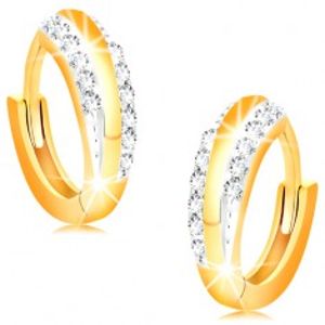 Šperky eshop - Kĺbové náušnice zo 14K zlata - lesklé krúžky s líniami čírych zirkónov GG15.27