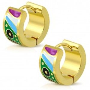 Šperky eshop - Kĺbové oceľové náušnice zlatej farby, glazúrované útvary v pestrých farbách AA13.06