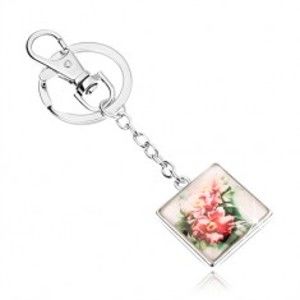 Šperky eshop - Kľúčenka kabošon - štvorec s vypuklým sklom, rozkvitnuté ružové kvety SP52.23