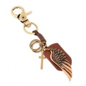 Šperky eshop - Kľúčenka mosadznej farby - umelá koža, anjelské krídlo, kríž a obruče Z38.1