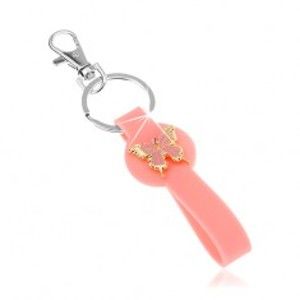 Šperky eshop - Kľúčenka, ružový prívesok zo silikónu, motýlik zlatej farby, ružová glazúra SP65.23