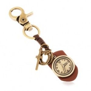 Šperky eshop - Kľúčenka s mosadzným odtieňom, syntetická koža s hodinami, kruhy a kríž Z36.20