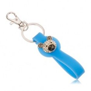 Šperky eshop - Kľúčenka striebornej farby, modrý silikónový prívesok, hlava medvedíka, zirkóny SP81.07