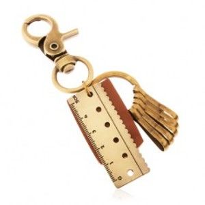Šperky eshop - Kľúčenka v mosadznom odtieni, hnedý kožený pás, prívesok v podobe pravítka Z38.8