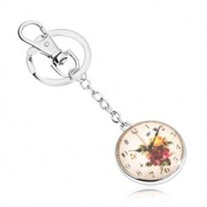 Šperky eshop - Kľúčenka v štýle cabochon, číre vypuklé sklo, motív hodín s kvetmi SP64.30