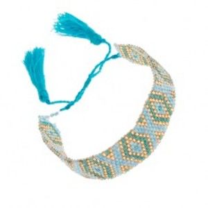 Šperky eshop - Korálkový náramok s indiánskym motívom, modrá, tyrkysová a zlatá farba SP88.06