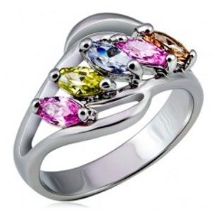 Šperky eshop - Kovový prsteň, rozvetvené ramená s farebnými zirkónmi v rade L15.05 - Veľkosť: 55 mm
