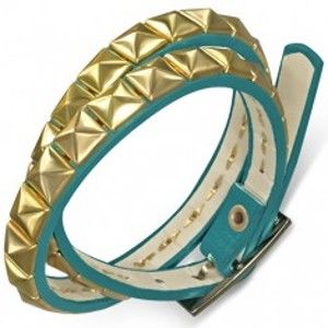 Šperky eshop - Koženkový dvojitý náramok - modrý opasok s pyramídkami v zlatej farbe AB21.05