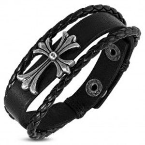 Šperky eshop - Koženkový náramok čiernej farby - ozdobný kríž s motívom Fleur de Lis, pletence AB36.15