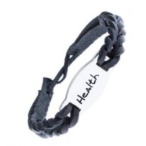 Šperky eshop - Kožený čierny náramok - pletený, známka, nápis "HEALTH" Z12.11