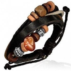 Šperky eshop - Kožený multi náramok - kamienok, čierny pruh, šnúrky, korálky  AA5.24