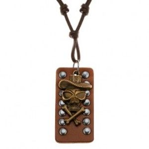 Šperky eshop - Kožený náhrdelník - lebka s prekríženými kosťami a klobúkom, vybíjaný pás kože V13.04